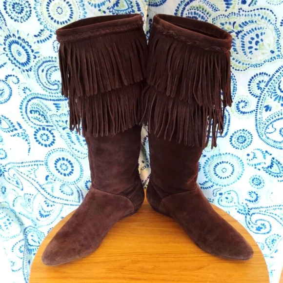 Vintage Gianni Bini Boots Dark Brown Suede Leather Fringe 9M Low Brazil - Picture 3 of 16